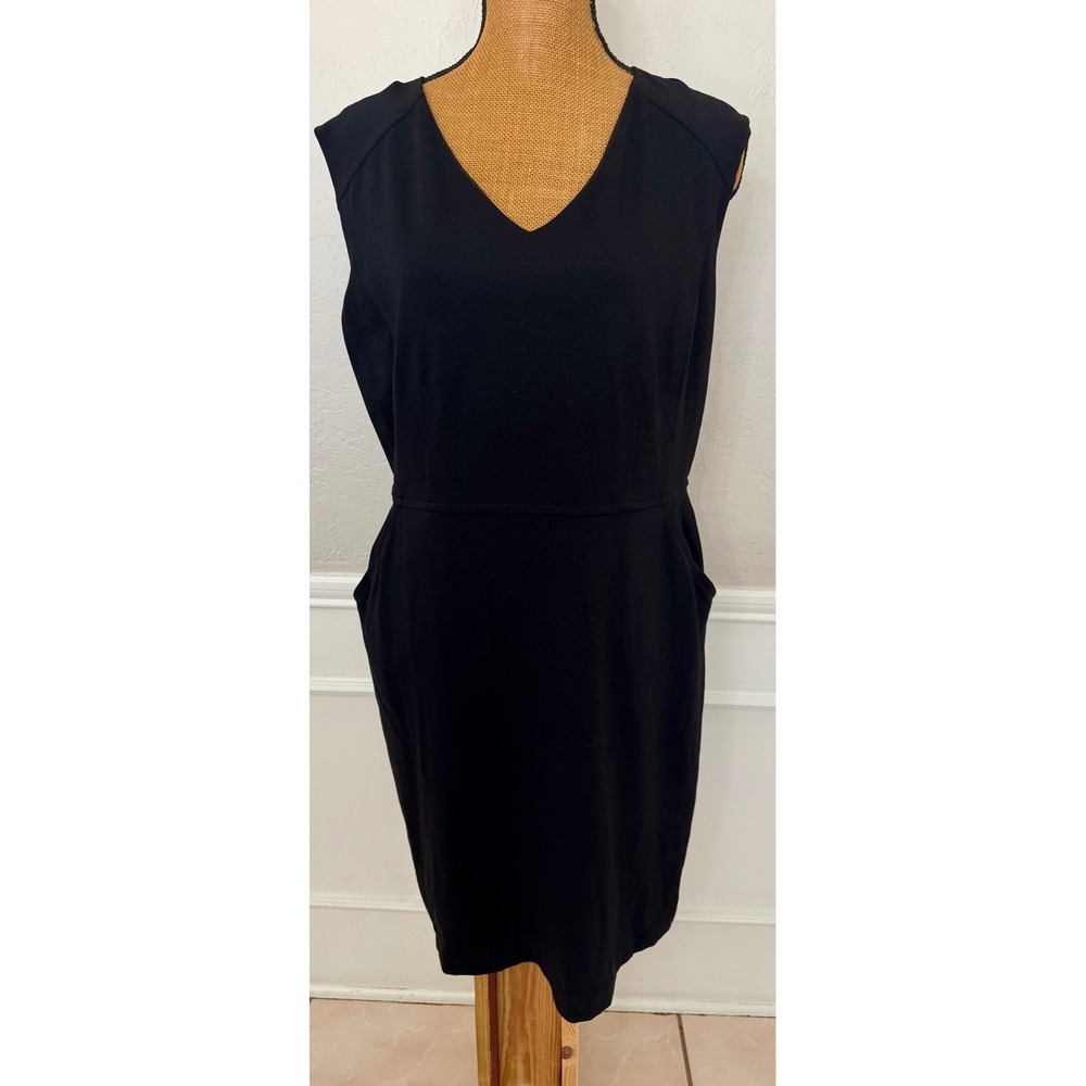Talbots Womens Black Sleeveless V-Neck Sheath Dress with Pockets 14P